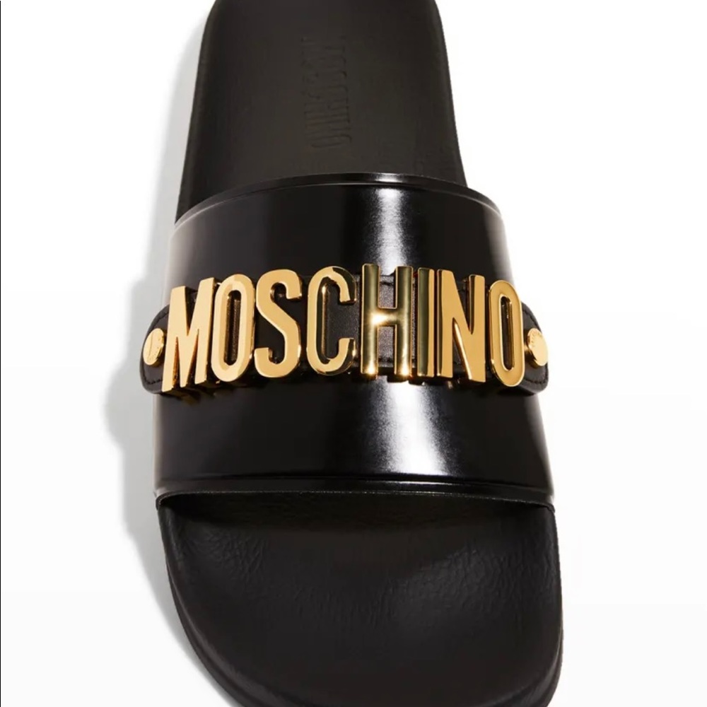 Moschino Pool Slides with Gold lettering